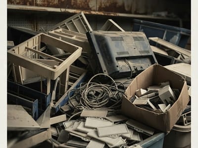 A pile of discarded dusty electronic waste and plastic parts, including the back of a television or monitor, coiled cables, crates, and a cardboard box filled with scraps.