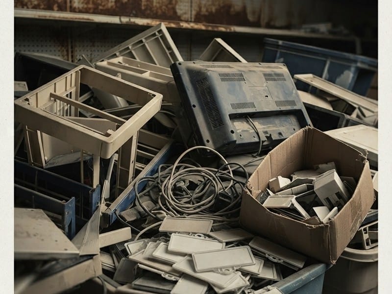 A pile of discarded dusty electronic waste and plastic parts, including the back of a television or monitor, coiled cables, crates, and a cardboard box filled with scraps.